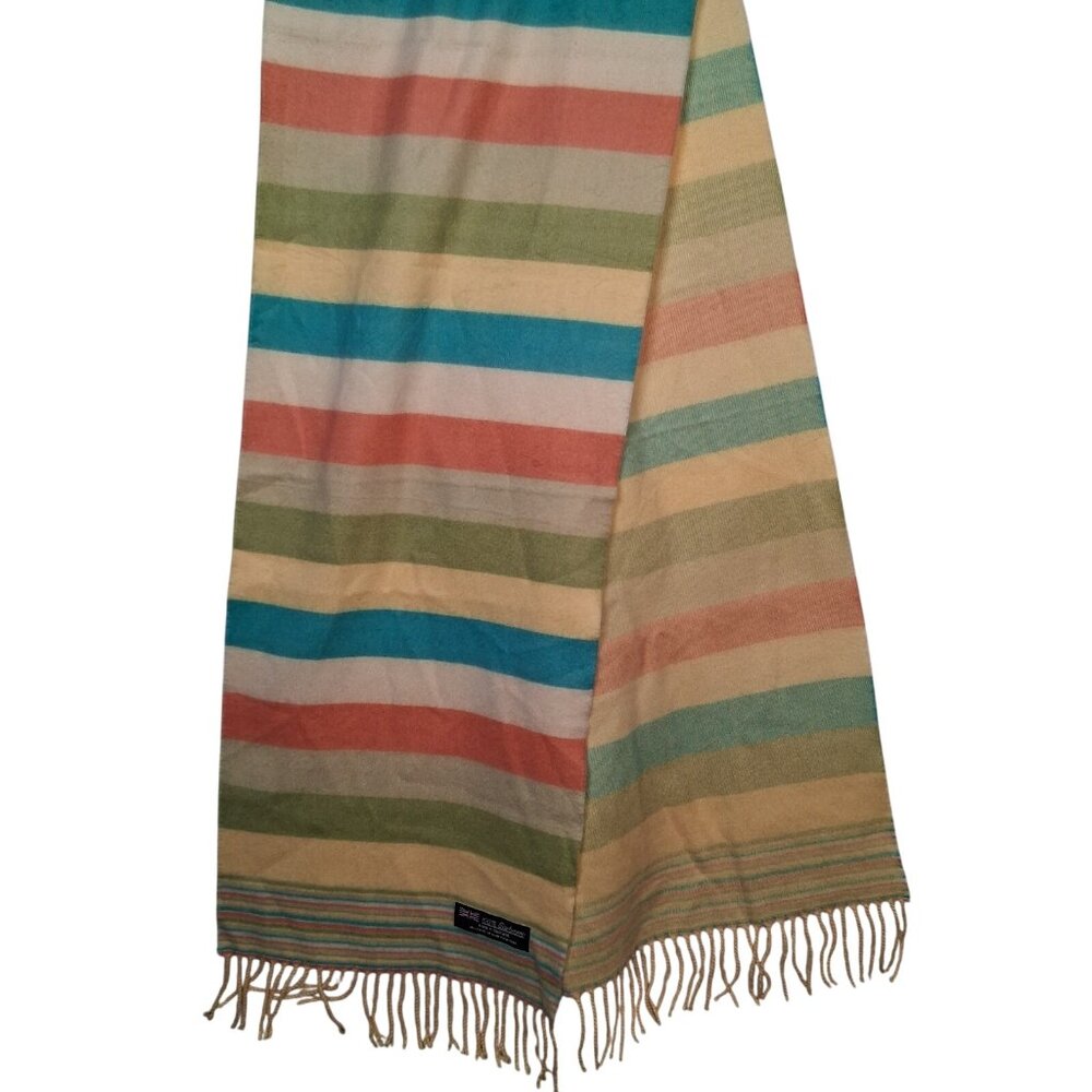 Cashmere Scarf Fringe Pastel Striped Yellow Salmon Blue Green Made in Scotland - Picture 5 of 8
